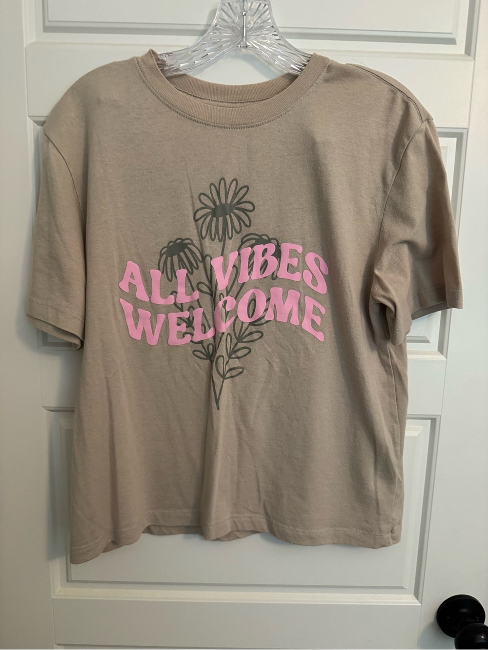 All Vibes Welcome Short Sleeve Tee - Pink on Tan
